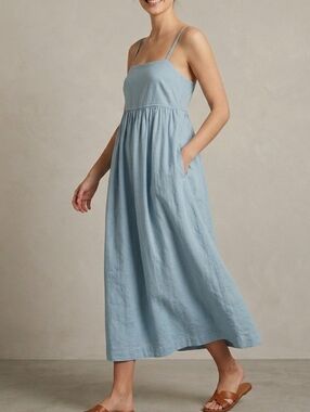 Uniqlo Linen Cotton Tank Maxi Dress Blue Babydoll Bridgeton Regency Size Medium